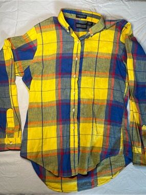 Lands' End Yellow and Blue Plaid Button-Down Shirt Size 12